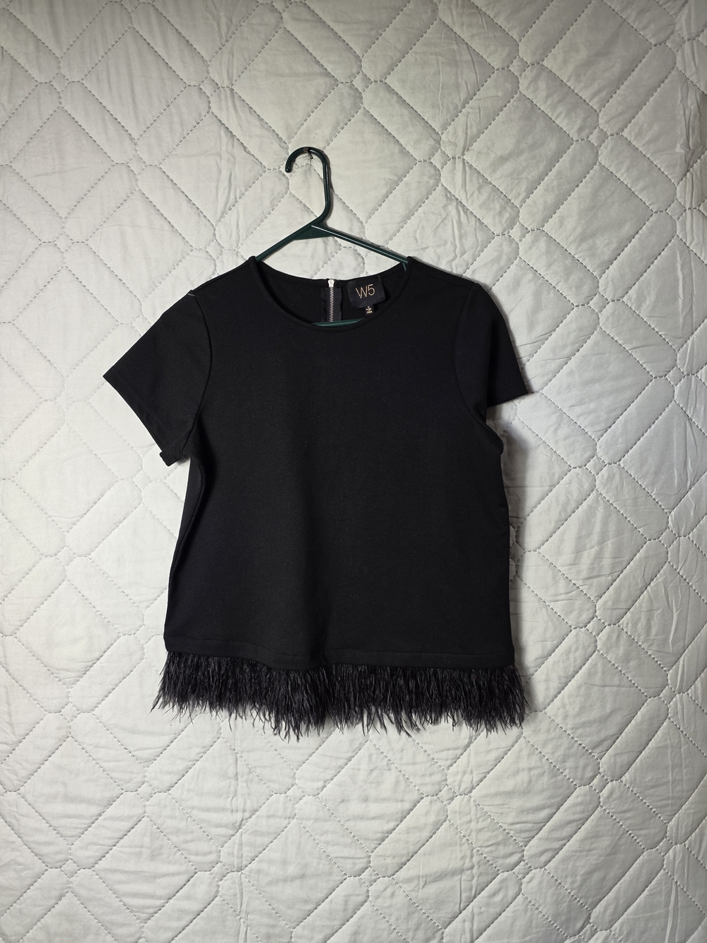 W5 Black Short Sleeve Top with Feather Hem S